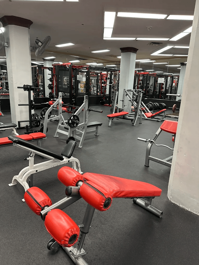 Weight benches and iron floor at Vine Fitness